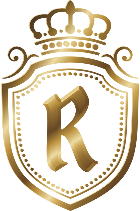 Goldenes Wappen mit einem stilisierten "R" und einer Krone oben.