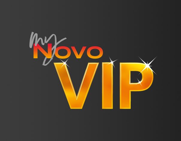 Logo mit dem Text "my Novo VIP" in glänzenden gelben Schriftzügen auf schwarzem Hintergrund.